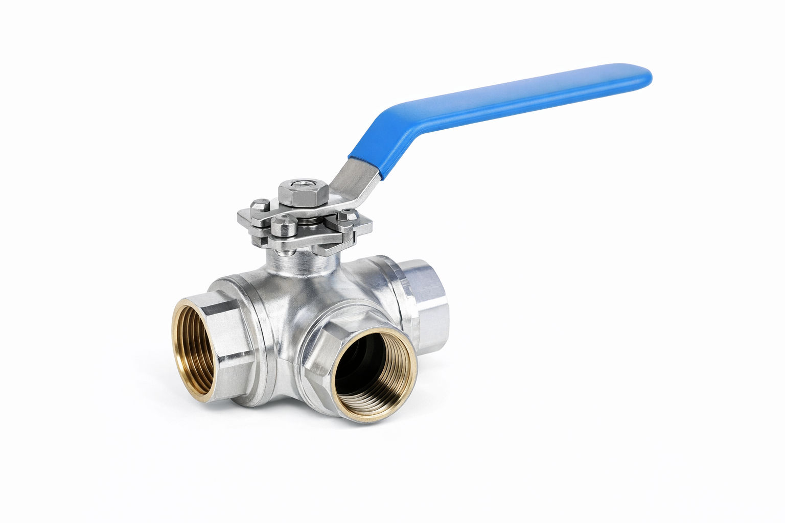 VALVULA BOLA MANUAL 3 VIAS ACERO INOXIDABLE MONTAJE ISO 5211 2 CUERPOS TIPO L